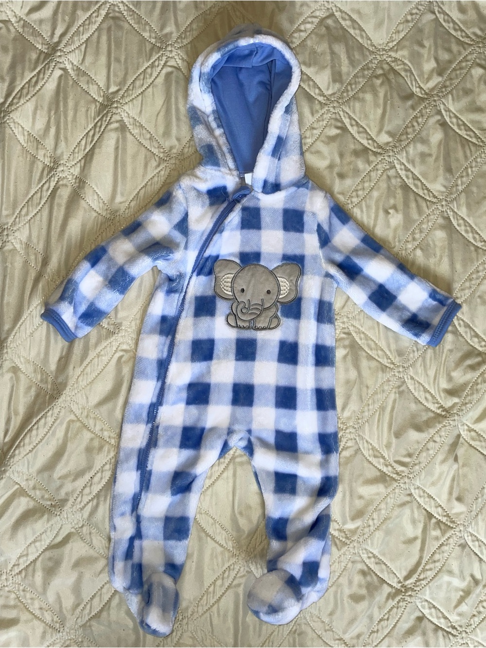 Blue Gingham Hooded Baby Footie with Elephant Applique